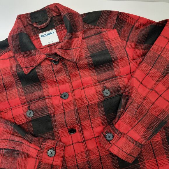 Old Navy Mens Red Black Buffalo Check Plaid Thick Flannel Shirt Jacket/Shacket M - Picture 2 of 15